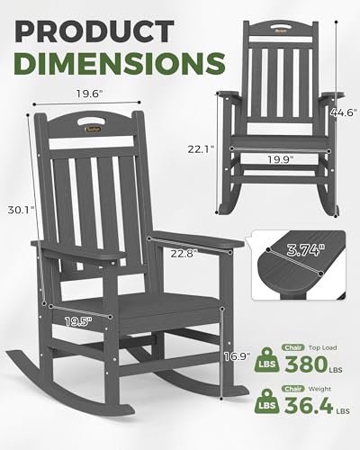 SUUNYN Oversized Outdoor Rocking Chair, HDPE All Weather Resistant Patio Rocking Chair, High Back Porch Rocking Chair, 380lbs Weight Capacity, Dark Grey