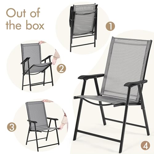 Yaheetech Patio Dining Chairs Set of 4 with Armrests, Outdoor Folding Chairs with Metal Frame and Backrest for Lawn, Garden, Yard and Poolside, Gray