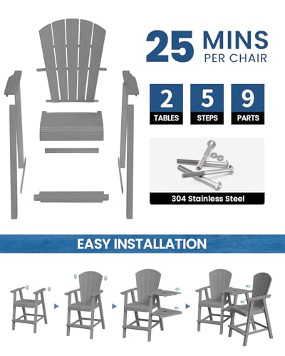Ciokea Tall Adirondack Chairs Set of 2, HDPE Outdoor Adirondack Bar Stools with Double Connecting Tray, Weather Resistant High Back Adirondack Balcony Chairs for Deck, Lawn, Pool, Backyard, Grey