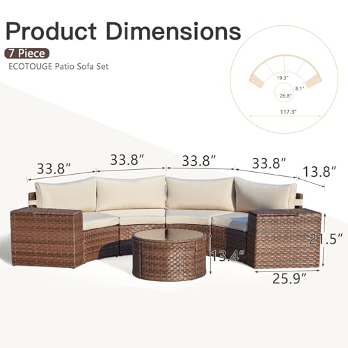 ECOTOUGE Outdoor Patio Furniture Set, 7-Piece Half-Moon All-Weather Wicker Curved Outdoor Sofa, Rattan Conversation Set with Storage Table, Fit for Pool, Backyard, Balcony, Garden(Brown&Beige)