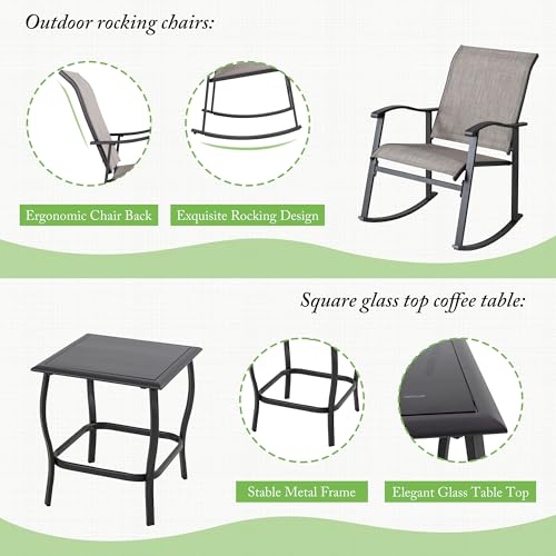 Shintenchi 3 Piece Rocking Bistro Set, Outdoor Furniture with Rocker Chairs and Glass Coffee Table Balcony, Porch Furniture for Small Space, Gray