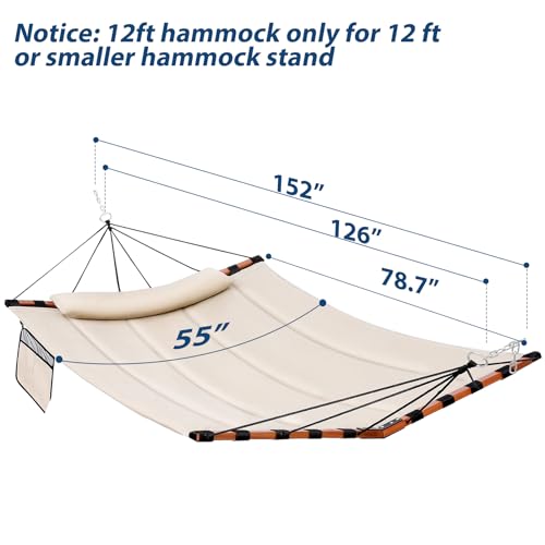 TegerDeger 12FT 2 Person Hammock with V Shaped Hardwood Spreader Bar & Nylon Rope for Outside, Patio, Garden, Backyard, Beach, Poolside, 450LB Capacity, 55in x 79in - Beige