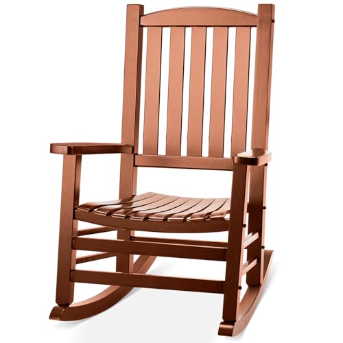 Besunbar Wooden Outdoor Rocking Chair, Oversized Patio Rocking Chair w/400lbs Support & High Backrest | Porch, Lawn, Garden, Backyard，Natural