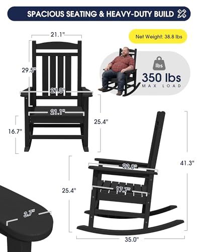KINGYES Oversized Outdoor Rocking Chair Set of 2, High Density Polyethylene Patio Rocking Chairs with 350lbs Support for Adults,Porch Recliner Rocker, Black