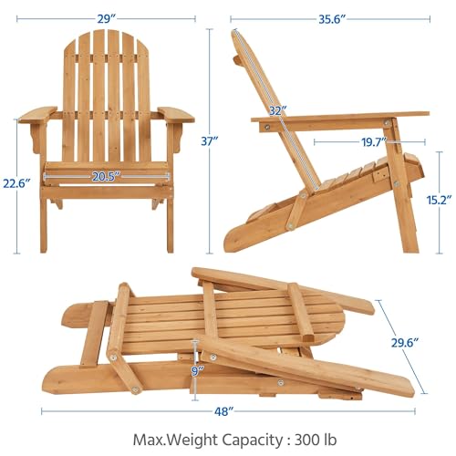 Yaheetech Folding Adirondack Chair Set of 4 Outdoor, 300LBS Solid Wood Garden Chair Weather Resistant, Fire Pit Lounge Chairs for Garden/Yard/Patio/Lawn, Natural Wood
