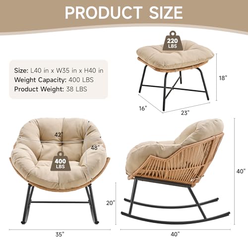 ONBRILL Papasan Rocking Chair with Ottoman,Oversized Papasan Chair with Padded Cushion, Indoor & Outdoor Rocker Chair for Living Room, Patio, Garden, Beige