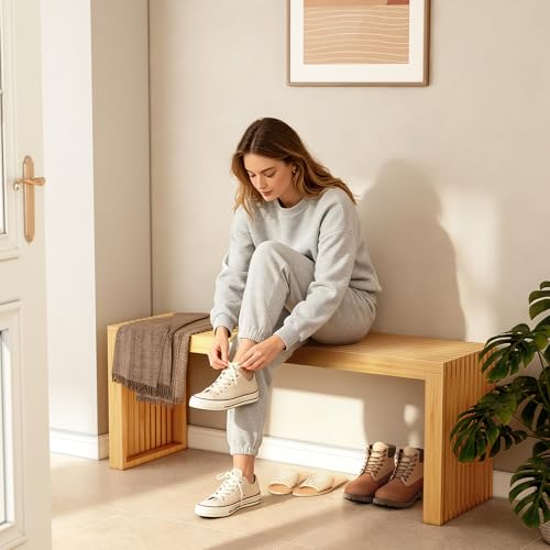Toolola Bamboo Dining Bench, 35-inch Sleek Design Entryway Shoe Rack Bench, Indoor Kitchen Table Bench, Waterproof Outdoor Bench, Natural