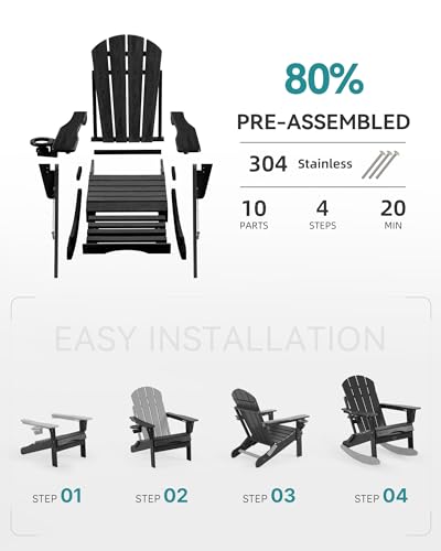 Serique Adjustable Adirondack Rocking Chair with Retractable Ottoman, 4-in-1 Multifunctional Folding Patio Chair with Cup Holder, Outdoor Chair Wood Texture for Lawn, Porch, Backyard, Pool(Black)