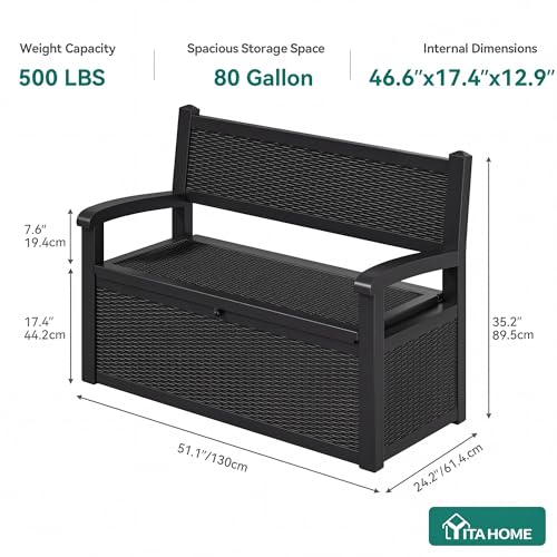 YITAHOME 80 Gallon Storage Bench Deck Box, Lockable Patio Bench with Hidden Storage, Waterproof Outdoor Pool Deck Storage for Patio Cushions, Garden Tools and Pool Supplies, Black