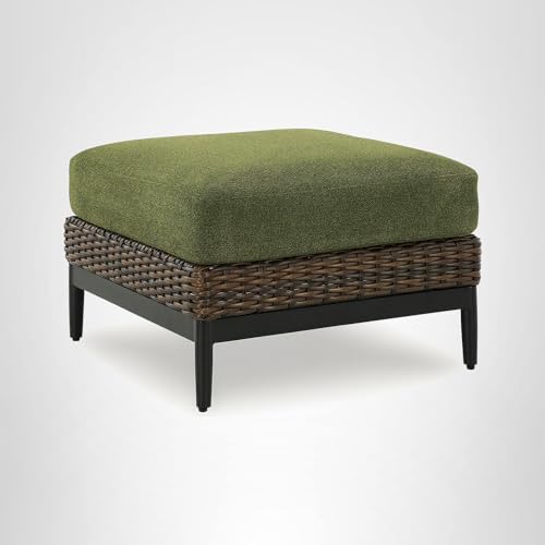 Signature Design by Ashley Horizon Hall Square Outdoor Ottoman, Zippered Cushion with Nuvella Cleanable Performance Fabric, Green and Light Brown, 27.75' W