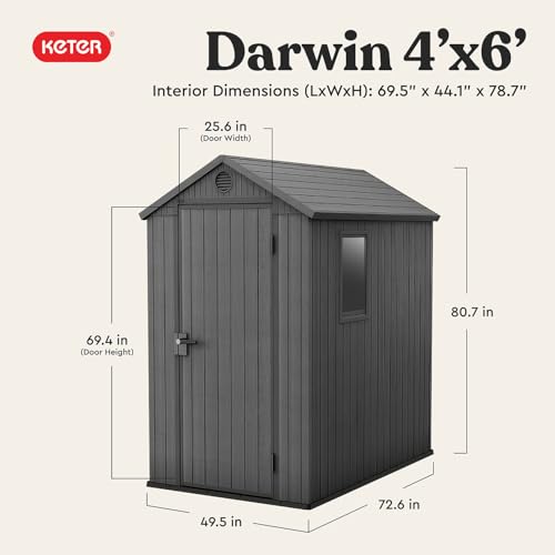 Keter Darwin 4x6 Feet Outdoor Storage Shed, Graphite Gray – Lockable Resin Organizer Unit with Single Door, Window, and Skylight for Backyard, Garden, or Lawn Organization
