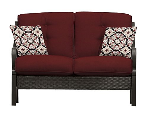 Hanover Ventura Outdoor 4-Piece Conversation Set with Loveseat, 2 Rocking Chairs, Crimson Red Cushions, 4 Pillows and Ceramic Tile Coffee Table, All-Weather 4-Piece Patio Set
