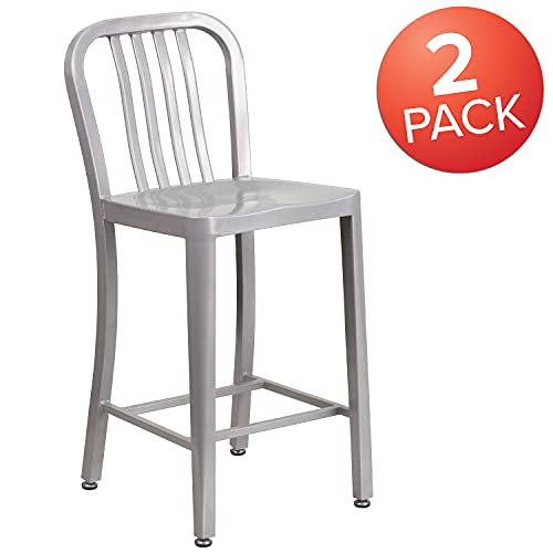 Flash Furniture Gael Commercial Grade 2 Pack 24" High Silver Metal Indoor-Outdoor Counter Height Stool with Vertical Slat Back