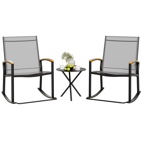 Shintenchi 3 Piece Outdoor Rocking Bistro Set, Textilene Fabric Small Patio Furniture Set, Front Porch Rocker Chairs Conversation Set with Table for Lawn, Garden, Balcony, Poolside (Light Gray)