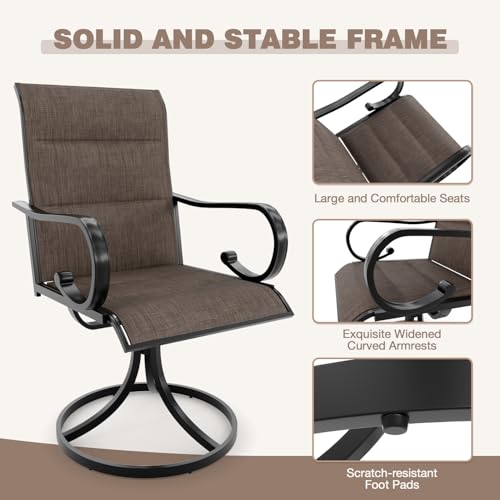 MELLCOM Patio Swivel Chair Set of 2, High Back Padded Textilene Outdoor Dining Chairs with E-Coating Metal Frame, All-Weather Outdoor Furniture Rocker for Backyard, Porch, Garden, Lawn, Brown
