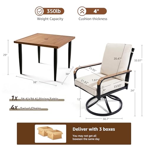 NATURAL EXPRESSIONS 5 Piece Outdoor Patio Dining Sets, 4pcs Swivel Dining Chairs & Square Woodgrain Dining Table with 1.65”Umbrella Hole for Lawn, Garden, Deck, Backyard and Porch