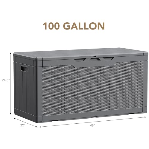 Devoko 100 Gallon Waterproof Large Resin Deck Box Indoor Outdoor Lockable Storage Container for Patio Furniture Cushions Garden Tools (100 Gallon, Grey)