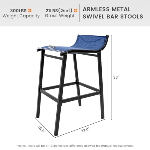 Sundale Outdoor Patio Metal Bar Stools Set of 2, Low Back Modern Counter Height Tall Chair Armless, High Top Outside Barstools, All-Weather Patio Stools for Porch Yard Deck Balcony, Modern Blue