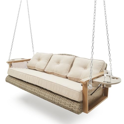 Yalissey 3-Seat Hanging Porch Swing with Cup Holders, Wicker Porch Swing with Cushions, Heavy Duty Front Porch Swing with Chains, Outdoor Patio Hanging Swing Bench for Porch, Patio, Backyard, Beige