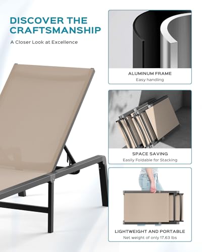 Ciokea Aluminum Chaise Lounge Ourdoor - Foldable & Assemble Free Outdoor Lounge Chair with 5 Adjustable Backrest, Patio Lounge Chair for Outside Poolside Beach Pool, Khaki