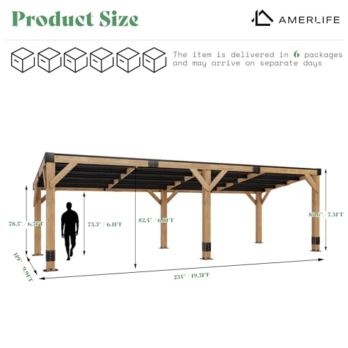 AMERLIFE 10 x 20 FT Spruce Wood Hardtop Gazebo with Sloped Galvanized Steel Roof, Heavy Duty Outdoor Pergola with Bar Shelf for Grill, BBQ, Patio, Backyard, Garden