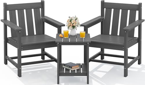 SEWRWALL 3 Pieces Patio Bistro Set, All Weather Adirondack Chair Set with Side Table, HDPE Material Outdoor Patio Furniture Set for Balcony, Porch, Garden, Backyard- Gray