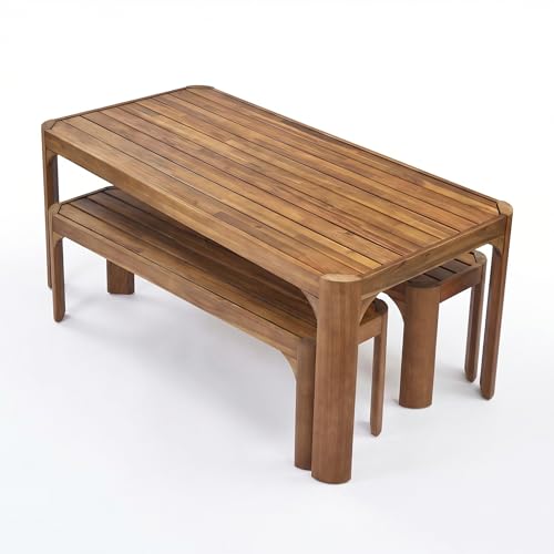 Christopher Knight Home Outdoor Dining Table Set with 2 Benches, 70" Acacia Wood Patio Table and Dual 57" Benches, Teak Finish Slatted Garden Furniture for Backyard Deck Seating 6-8 People