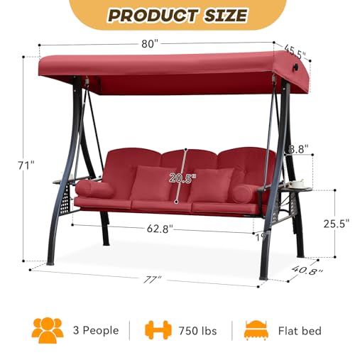 Yalissey 3 in 1 Outdoor Porch Swing with Adjustable Canopy, 3 Seat Outdoor Swing for Adults, Patio Swing Chair with Thickened Cushions,Pillows & Cup Holders for Backyard, Porch, Garden (Wine Red)