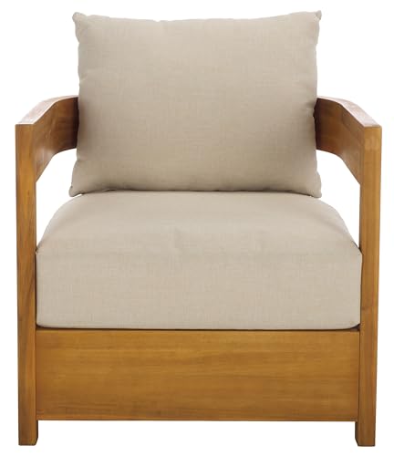 SAFAVIEH Outdoor Patio Furniture Collection - Kento Natural Wood Arm Chair Set of 2 with Taupe Cushions, Wide & Deep Comfortable Seating, Modern Design (PAT7097A)