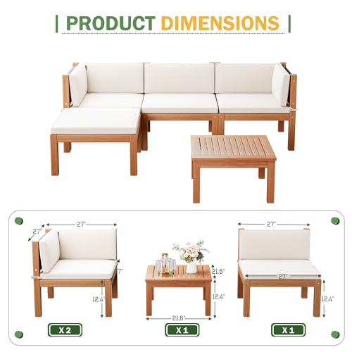 Devoko 5 Pieces Acacia Wood Outdoor Sectional Sofa Set with Coffee Table, Outdoor L-Shaped Couch with All-Weather Cushion for Patio