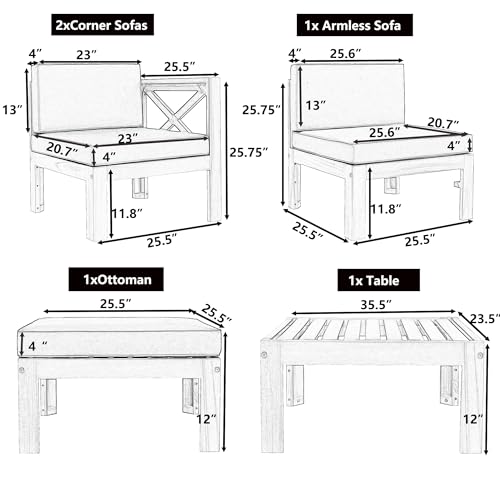 YSWH 5-Piece Patio Acacia Wood Outdoor Furniture Sectional Conversation Sets Sofa Set with Slatted Tabletop Tea Table and X-Back Wood Frame, Removable Cushions
