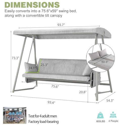 LUTINLIX 3-4 Person Oversized Outdoor Porch Swing with Adjustable Backrest Canopy,2-in-1 Swing Bed 800 lbs Capacity,Patio Swing with Removable Cushions for Yard Garden Poolside Balcony