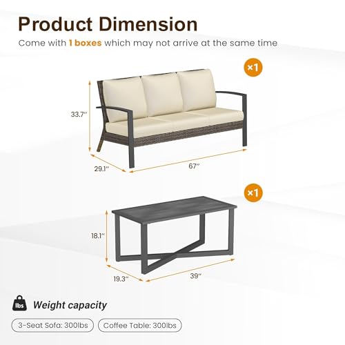 Green4ever Patio Sofa, 2 Pieces Patio Furniture Set with Coffee Table, Wicker Outdoor Furniture with Cushions, Outdoor Couch Set for Porch, Outside Couch for Pool, Deck, Garden, Backyard, Beige