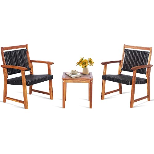 Tangkula 3-Piece Patio Acacia Wood Bistro Set, Patiojoy Outdoor Furniture Set with 2 Chairs & Side Table, Weather Resistant Rattan Garden Conversation Chair Set for Pool Side, Deck, Balcony