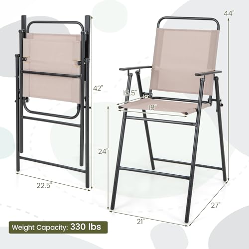 Giantex Outdoor Folding Bar Chair Set of 2, Counter-Height Patio Chairs with Backrest, Armrests, Footrest, Metal Frame, Patio Furniture Chair Set for Backyard Poolside Balcony, 330 LBS Capacity