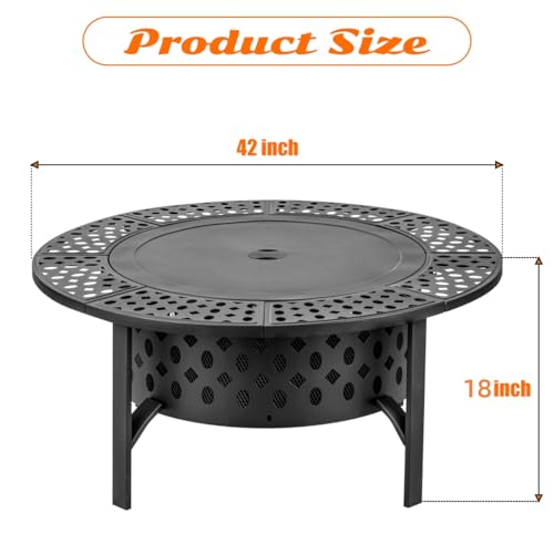 OutVue 42 Inch Fire Pit with 2 Grills, Extra Large Wood Burning Fire Pits for Outside with Lid & Poker, Heavy Duty Firepit,BBQ& Outdoor Firepit & Round Metal Table 3 in 1 for Patio, Picnic, Party
