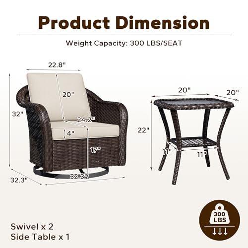 Qsoer 3 Piece Patio Wicker Bistro Set, 2 All-Weather Use Outdoor Wicker Swivel Chairs with PE Rattan Side Table,Ideal for Porch, Backyard, Balcony, Poolside, Beige