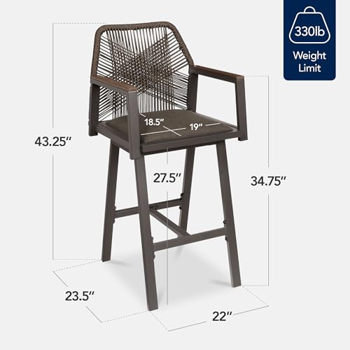 Best Choice Products Outdoor Bar Stools Set of 2, Bar Height, 360° Swivel Aluminum Frame, All-Weather Woven Rope Chair Design w/Armrests - Brown/Mocha
