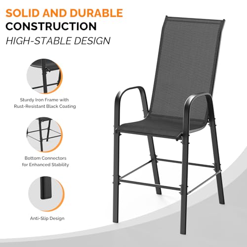VINGLI Set of 2 Stackable Outdoor Bar Stools – Sling Chairs with High Back & Armrests, for Lawn, Garden, Bar, Black