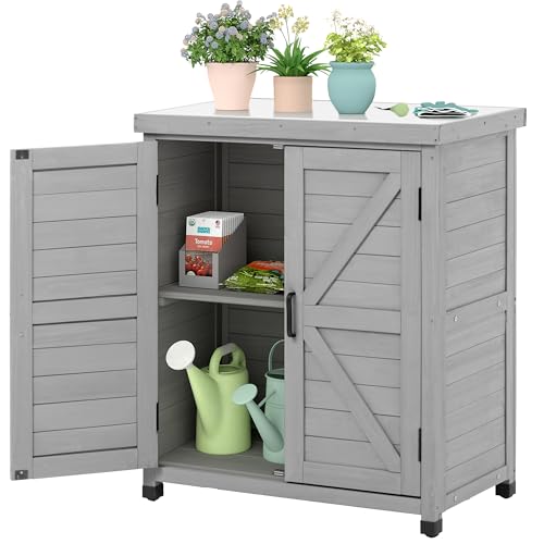 Outdoor Storage Cabinet & Potting Bench Table with Metal Top, Wooden Patio Furniture, Garden Workstation (Classic Grey, 36x31x17in)
