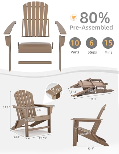 BUPPLEE Folding Adirondack Chair, 450 LBS Heavy Duty HDPE Poly Lumber Fire Pit Chair for Outside, All-Weather Resistant Plastic Adirondack Chairs for Patio, Garden, Deck & Backyard, Pale Ocre