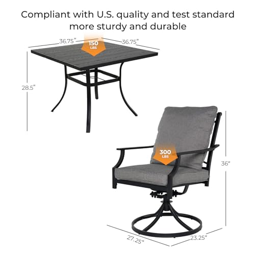 Grand patio 5-Piece Patio Dining Set for 4, E-Coated Outdoor Dining Set Swivel Patio Dining Chairs with Olefin Cushions & 1 Black Square Faux Woodgrain Dining Table with 1.5”Market Umbrella Hole