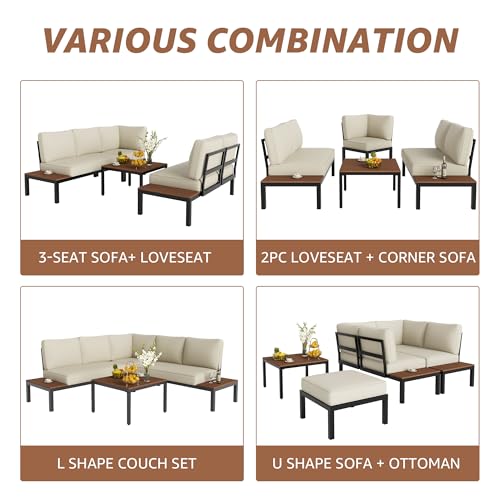 NATURAL EXPRESSIONS Outdoor Furniture Set, L Shape Patio Sectional, Metal Corner Couch Sofa Set with Side Tables, Detachable Backrest, Fauxwood Coffee Table, Beige Olefin Cushions for Garden Deck