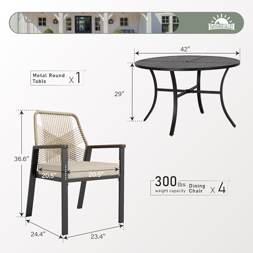 5 Pieces Patio Dining Set, 4 x Woven Rattan Chairs with Waterproof Cushion, 42” Metal Round Dining Table with Umbrella Hole, Outdoor Table and Chairs Set for Backyard Lawn and Deck, Beige