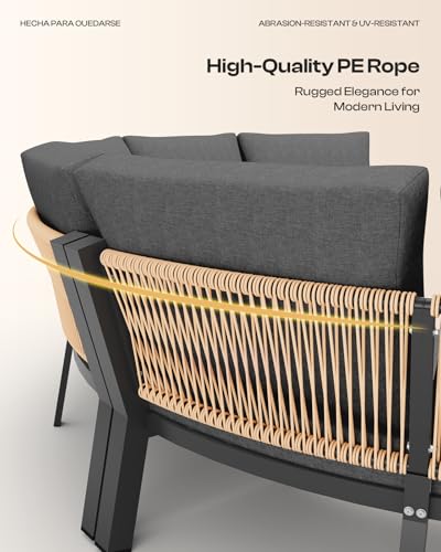 Oasbira Outdoor Aluminum Patio Furniture Set, 7 Piece Curved Outdoor Sectional Sofas with Coffee Table, PE Rope Patio Conversation Sets, All-Weather Patio Couch Sets with Cushions, Graphite