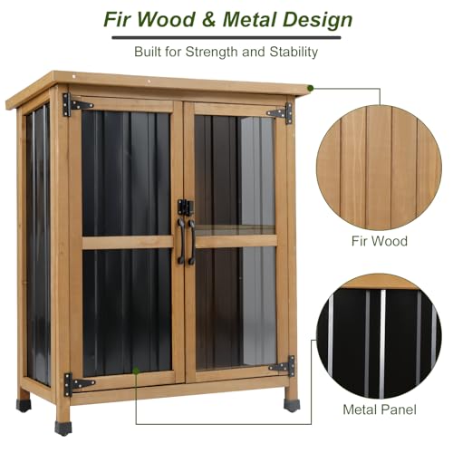 Ketive Outdoor Storage Cabinet, Wood & Metal Small Garden Tool Storage Cabinet with Weather-Resistant Asphalt Roof, Double Lockable Doors & Removable Shelves for Porch, Patio, Garden, Backyard