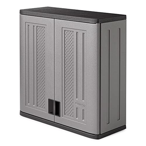 Suncast Wall Storage Cabinet for Garage Organization - 4 Cu. Ft. Wall Mounted Garage Cabinet with Shelf for Garden Supplies, Paint Cans & Outdoor Tools, Multi-Wall Resin Construction, Platinum