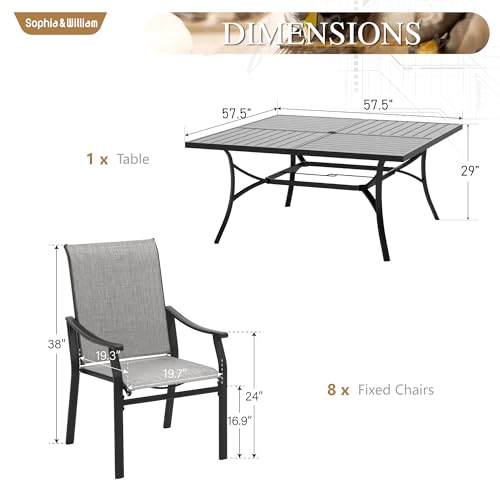 Sophia & William Patio Dining Set 9 Pieces, 8 Quick Dry Textilene Chairs and 1 Large Square Outdoor Dining Table, Durable All-Weather Patio Furniture for Lawn, Park, and Courtyard Support 350lbs