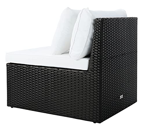 SAFAVIEH Outdoor - Pramla Settee and Ottoman Set - Black & Beige - Steel Frame with Cushion - Coastal Storage Design - Ideal for Patio, Deck, Porch, Backyard (PAT7515A)
