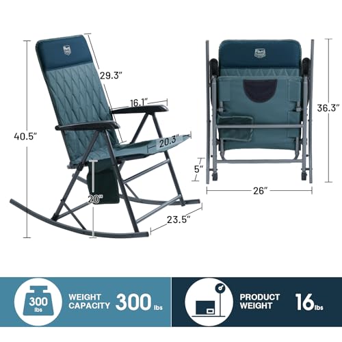 Timber Ridge 3-Level Adjustable Rocking Camping Chair, Ergonomic Padded High Back, Supports 300 LBS, Stable Anti-Tip Rocker, Hard Armrests for Easy Standing, Portable for Patio, Lawn & Tailgating